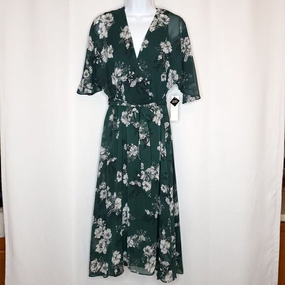 NEW Sandra Darren Floral Dress Sz 6 Sheer Green Belted Waisted A-Line V-Neck - Picture 2 of 7